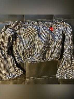 Gingham Off-Shoulder Crop Top w/ Red Rose